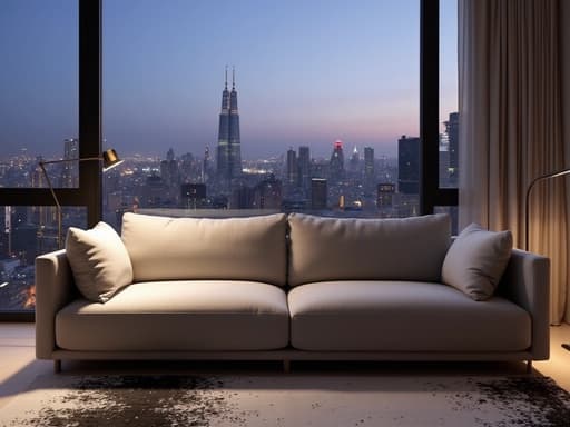 소파, 가구, 황혼의 도시 풍경, 따뜻하고 평화로운