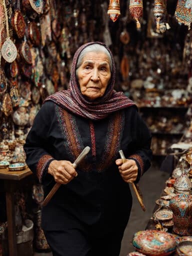 전통적인 의상을 입은 중동계 80대 여성이 걱정스러운 표정을 지으며 공예 도구를 들고 작업실에서 달리고 있는 전신 샷입니다. 따뜻한 조명이 그녀의 자연스러운 아름다움과 주변의 정교함을 강조합니다.