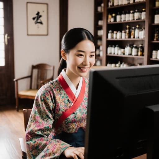 전통 한의원에서 컴퓨터를 사용하여 치료 정보를 검색하는 10대 후반 아시아계 여성의 모습입니다. 화려한 한복 스타일의 의상을 입고 따뜻한 미소를 지으며, 차분한 색감의 목재 가구와 한약재가 놓여 있는 선반이 있는 한의원 내부에서 친근한 분위기를 전달합니다.