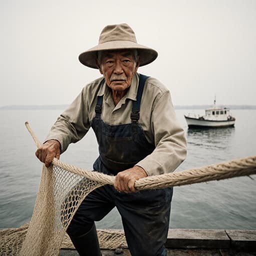 이 이미지는 어업 작업복을 입고 방수 장화와 모자를 착용한 60대 아시아계 남성이 어망을 스트레칭하며 진지한 표정을 짓고 있는 모습입니다. 배경은 바다의 수평선이 보이는 아름다운 어항 풍경으로, 전체적인 어업 테마를 강조합니다.