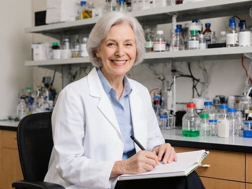 50대 유럽계 여성이 실험실 가운을 입고 깔끔한 블라우스를 착용한 채 자연스럽게 미소 지으며 의자에 앉아 연구 노트에 필기하고 있는 모습입니다. 다양한 실험 장비와 화학 시약이 있는 실험실 배경이 어우러져 전문적이고 매력적인 연구 환경을 만들어냅니다.