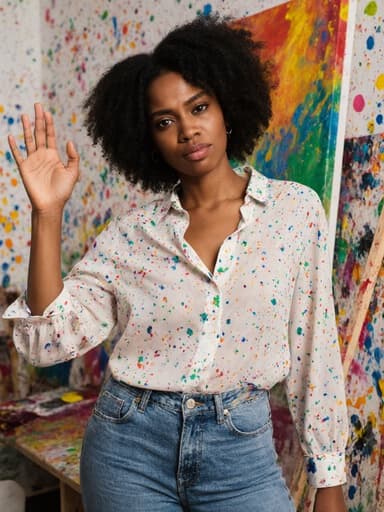 30대 자연스러운 외모를 가진 흑인 여성이 예술가 스타일의 편안한 블라우스와 청바지를 입고, 약간 짜증난 표정을 지으며 팔을 들어 인사하는 모습의 반신 사진입니다. 배경은 다양한 색의 페인트와 캔버스로 가득한 활기찬 아트 스튜디오입니다.