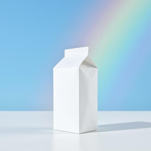 우유 팩, 미세한 질감의 흰색, 무지개가 뜬 푸른 하늘, 생동감