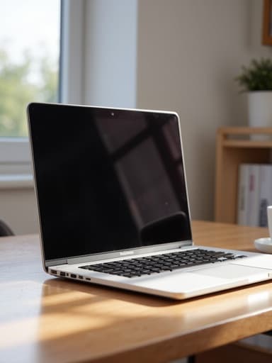 밝은 실내 환경의 나무 책상의 현대적인 노트북, 부드러운 자연광으로 비춰지며, 평온하고 전문적인 분위기.