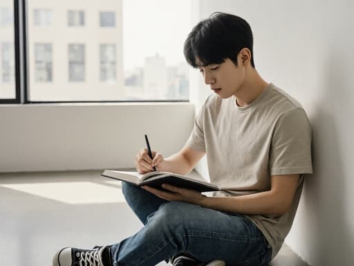 20대 한국인 남성이 캐주얼한 티셔츠와 청바지를 입고 모던한 사무실에서 반신 촬영된 이미지입니다. 그는 디자인 노트를 보며 메모를 하고 있으며, 큰 창문을 통해 자연광이 공간에 들어오고 있습니다. 무표정한 그의 모습은 집중과 창의성을 나타내며, 전체적인 분위기를 전문적이면서도 편안하게 만듭니다.