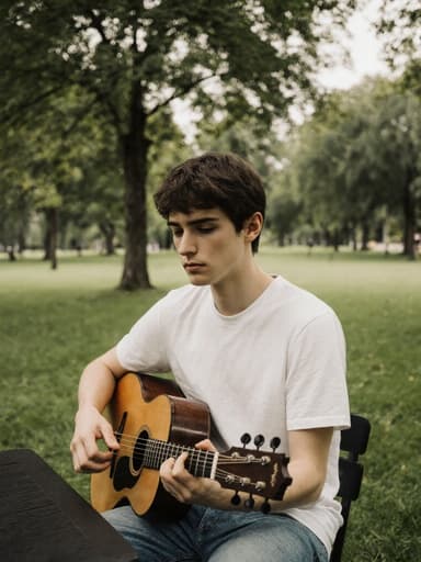 조용한 공원에 앉아 있는 10대 후반의 유럽계 남성의 반신 사진입니다. 그는 편안한 티셔츠와 청바지를 입고, 테이블에 앉아 악기를 손에 들고 깊은 생각에 잠긴 우울한 표정을 짓고 있습니다. 배경은 푸르른 잔디와 나무들이 있는 평화로운 공원으로, 그의 기분과 악기와의 상호작용을 잘 드러내고 있습니다.