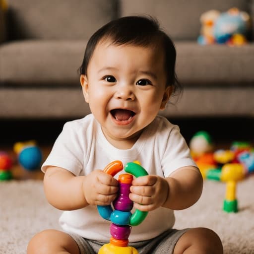 즐거워하는 표정을 지으며 편안한 티셔츠와 반바지를 입은 1세 라틴계 아기가 아늑한 거실에서 장난감을 들고 신나게 놀고 있는 모습의 반신 촬영. 거실은 장난감들이 흩어져 있어 어린 시절의 즐거움을 잘 나타내고 있습니다.