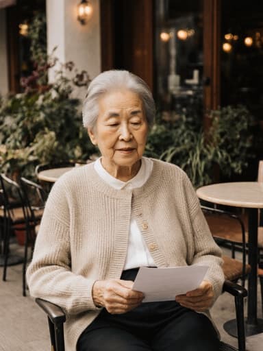 평온한 표정을 지닌 70대 한국인 여성이 아늑한 카페 테라스에서 의자에 앉아 있는 반신 사진입니다. 그녀는 편안한 스타일을 반영하는 부드러운 니트 스웨터와 카디건을 착용하고 있습니다. 여유로운 기분을 나타내며 쪽지를 읽고 있는 모습이 평온함을 만끽하고 있습니다. 배경은 식물과 테이블로 장식된 매력적인 카페 테라스를 보여주며, 장면의 따뜻한 분위기를 잘 살리고 있습니다.