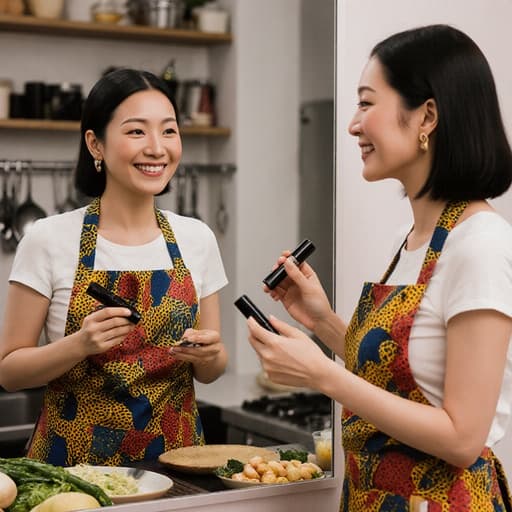 아프리카 스타일의 앞치마를 착용한 30대 아시아계 여성의 반신사진. 그녀는 거울 앞에서 화장품을 즐겁게 바르고 있으며, 조리도구와 신선한 식재료가 정돈된 깔끔한 주방 배경이 함께하는 모습입니다.