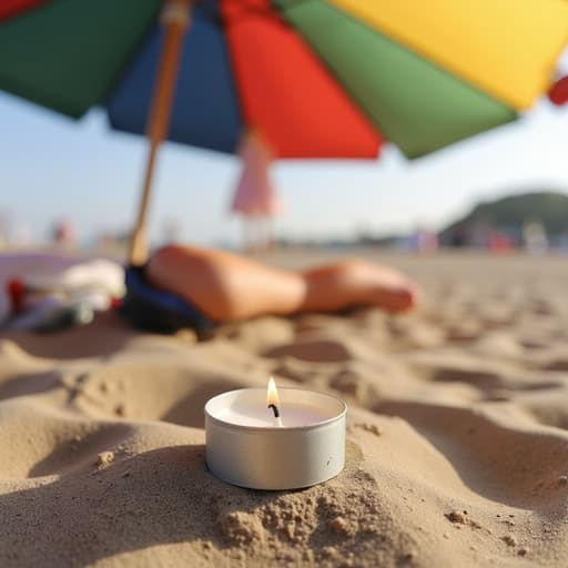 티라이트 캔들, 여름 해변의 파라솔, 차분하고 따뜻하며 초대하는 분위기