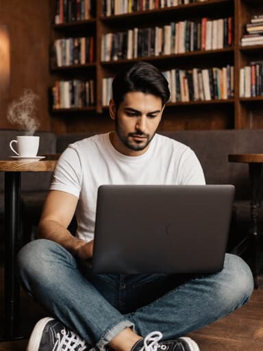 30대 라틴계 남성이 아늑한 카페 바닥에 앉아 캐주얼한 티셔츠와 청바지를 입고 편안한 운동화를 신고 있습니다. 노트북에 집중하며 우아한 표정을 짓고 있으며, 주변에는 책장과 커피컵이 있는 테이블이 있어 따뜻하고 초대하는 분위기를 만들어냅니다.
