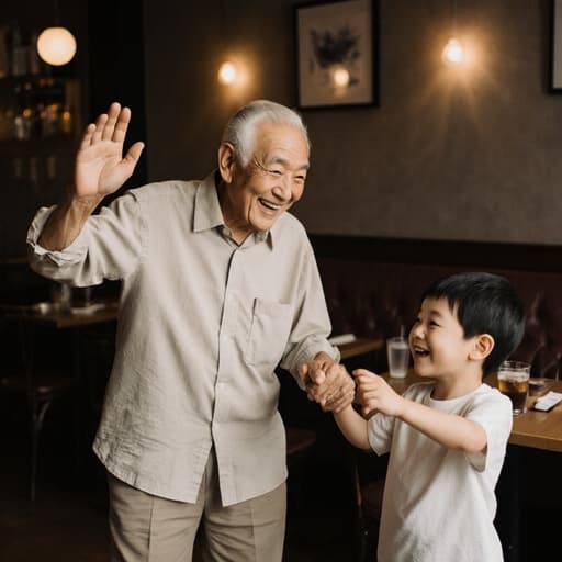 80대 아시아계 남성이 편안한 복장을 하고 손자와 함께 춤추며 즐거운 감정을 표현하는 모습이 아늑한 카페에서 따뜻한 조명과 함께 담긴 이미지.