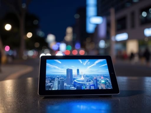 태블릿, 디지털 기기, 밤의 도시 불빛, 먼 고층 건물, 보케 효과, 현대적, 생동감 있는, 도시적