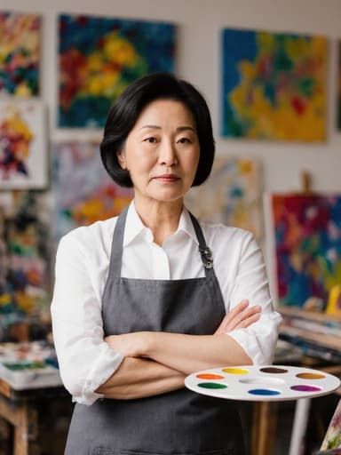 50대 아시아계 여성의 반신 촬영, 예술가 스타일의 작업복과 앞치마를 착용하고 아트 스튜디오에 서 있습니다. 그녀는 팔짱을 끼고 팔레트를 바라보며 생각에 잠긴 자세를 취하고 있으며, 벽에는 다양한 그림과 화려한 캔버스가 걸려 있어 차가운 표정과 사색적인 분위기를 전달합니다.