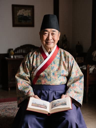 70대 한국인 남성이 전통 한복을 입고 아늑한 거실에 편안하게 앉아 전통 이야기가 담긴 책을 들고 있습니다. 그는 따뜻한 미소로 친근한 분위기를 만들어내며 문화의 풍요로움을 전합니다.