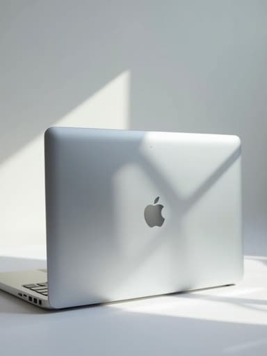 미니멀리스트 스튜디오 설정에서 자연광과 부드러운 그림자를 가진 세련된 노트북, 현대적이고 깔끔한 분위기.