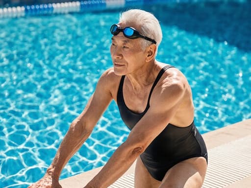 우아한 표정을 지으며 수영복과 수영 고글을 착용한 60대 아시아계 남성이 맑은 수영장 가장자리에 손을 대고 수영을 준비하고 있는 모습의 반신 사진.