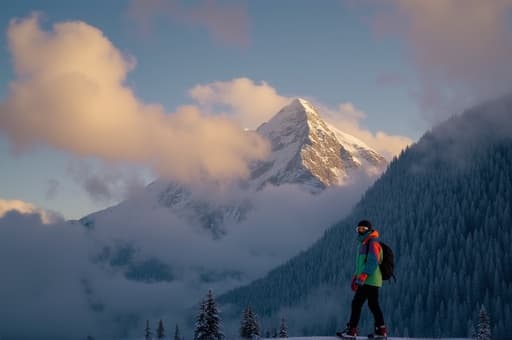 눈으로 덮인 장엄한 산과 키 큰 소나무들이 둘러싸인 아름다운 겨울 풍경. 전경에는 화려한 색상의 자켓, 방수 바지, 열전도 장갑 및 멋진 겨울 부츠를 착용한 모델이 겨울 아우터웨어를 선보이고 있습니다. 눈 위로 햇살이 반짝이며 야외 모험을 위한 그림 같은 초대하는 분위기를 만들어냅니다.
