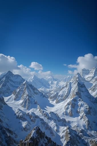 눈으로 덮인 장엄한 산맥의 놀라운 고해상도 사진으로, 햇빛 아래에서 반짝이는 순백의 눈과 맑은 파란 하늘, 부드러운 구름 몇 점이 어우러져 있습니다. 이 이미지는 자연의 고요한 아름다움을 담고 있으며, 모험과 영감을 찾는 이들에게 완벽합니다.