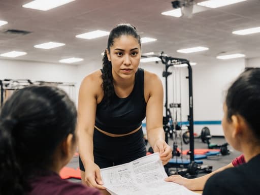 이미지는 스포티한 운동복을 입은 10대 후반의 라틴계 여성 강사가 밝고 활기찬 학교 체육관에서 학생들에게 운동 기술을 가르치는 장면을 담고 있습니다. 그녀의 차가운 표정과 역동적인 자세는 피트니스 교육에 대한 자신감과 전문성을 반영하여 분위기를 생동감 있게 하고 있습니다.