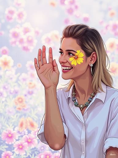 부드럽게 흐릿한 정원 속에서 얼굴에 섬세한 노란 꽃을 장식한 여성이 서 있습니다. 햇빛이 나뭇잎 사이로 부드럽게 비추어져 따뜻하고 기분 좋은 분위기를 만들어내며 그녀의 행복한 표정을 더욱 돋보이게 합니다.