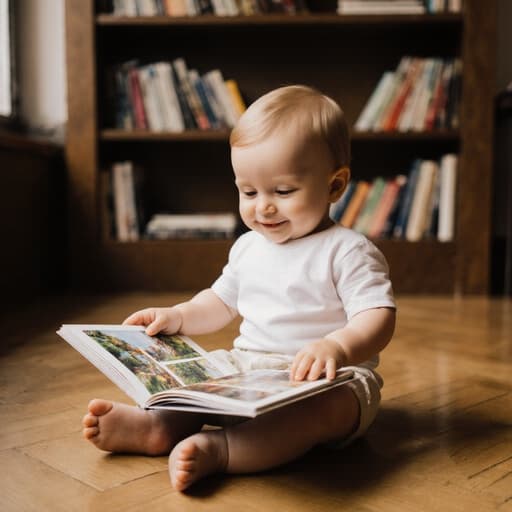 따뜻한 분위기의 카페 바닥에 앉아 있는 1세 백인 남자아이의 반신 사진입니다. 그는 편안한 티셔츠와 반바지를 입고 있으며, 그림책을 손에 들고 집중한 표정으로 바라보고 있습니다. 그의 순수한 미소는 행복감을 드러내며, 아늑한 조명 아래 책장이 배치된 카페의 매력적인 분위기를 만들어냅니다.