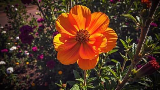 생생한 주황색 꽃의 클로즈업이 푸른 잎들 사이에 자리 잡고 있으며, 부드럽게 흐릿한 정원 배경 속에 다양한 색상의 꽃들이 가득하다. 꽃의 꽃잎은 햇빛에 반짝이며 신선함과 자연의 아름다움을 느끼게 한다.
