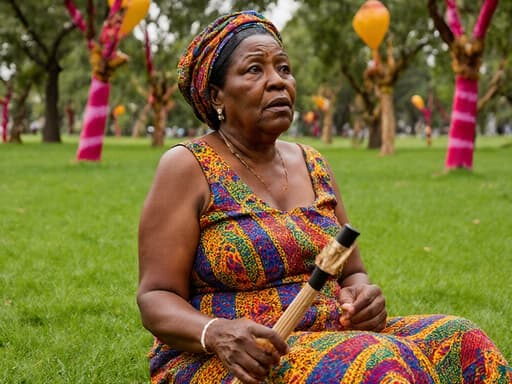 이 이미지는 70대 아프리카계 여성이 화려한 전통 축제 의상을 입고 반신 샷으로 촬영된 모습입니다. 그녀는 걱정스러운 표정을 지으며 다리를 뻗고 전통 악기를 들고 앉아 있습니다. 배경은 축제를 위해 장식된 나무들과 푸른 잔디가 있는 공원으로, 풍부하고 축제 분위기를 자아냅니다.