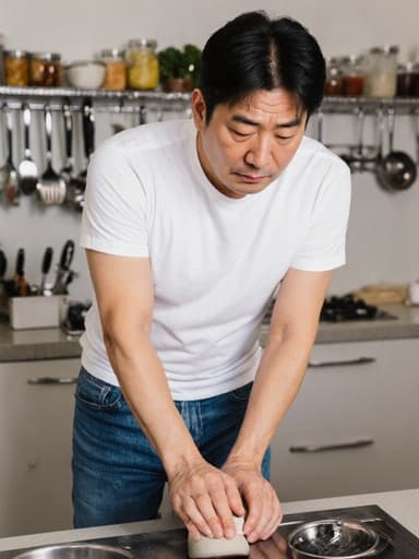 깔끔한 주방 작업대에서 신발을 신으며 지루한 표정을 짓고 있는 40대 아시아계 남성의 반신 촬영. 그는 캐주얼한 흰색 티셔츠와 청바지를 입고 있으며, 주방은 조리 도구와 재료들이 잘 정돈되어 있어 편안하고 질서 있는 분위기를 연출하고 있다.