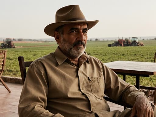 40대 중동계 남성이 농부 작업복과 모자를 착용하고 의자에 편안하게 앉아 자유롭고 편안한 표정을 짓고 있는 반신 촬영. 배경은 카페 테라스에서 보이는 아름다운 농장 풍경으로, 평화롭고 여유로운 분위기를 강조합니다.