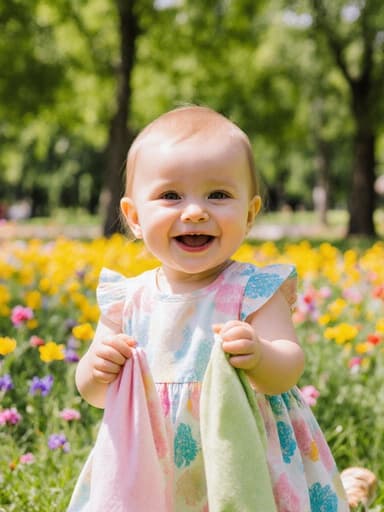 즐거운 표정을 지으며 작은 옷감을 양 손에 들고 있는 1살 백인 여성 아기의 전신 샷, 밝고 편안한 원피스와 작은 신발을 착용하고 있으며, 나무와 꽃들로 가득한 푸르른 공원 배경에서 촬영되었습니다.