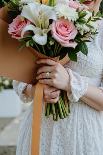 한 여성이 아름다운 꽃다발을 들고 기쁘게 미소짓고 있습니다. 이 꽃다발은 다채로운 장미, 백합, 데이지가 포함되어 있으며, 섬세한 종이에 포장되어 리본으로 묶여 있습니다. 배경은 부드럽게 집중된 야외 장면으로, 무성한 녹음과 햇살이 스며들어 기분 좋은 분위기를 더하고 있습니다.