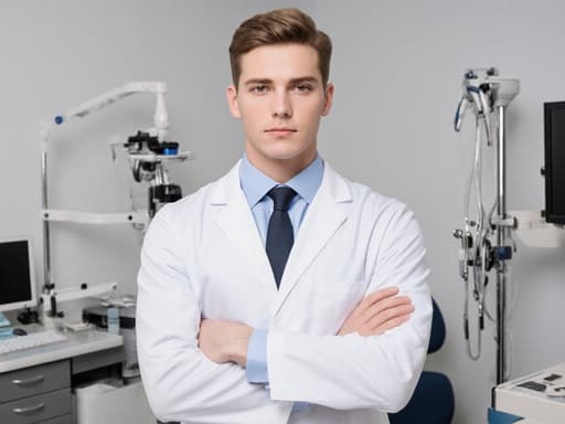 세련된 20대 백인 남성 의사가 현대적인 의료 검사실에서 의사 가운을 입고 서 있습니다. 그는 깔끔한 셔츠와 넥타이를 매치하며, 손을 주머니에 넣고 자신감 있는 자세로 포즈를 취하고 있습니다. 현대적인 의료 장비가 주변에 배치되어 있어 헬스케어 주제를 더욱 강조합니다.