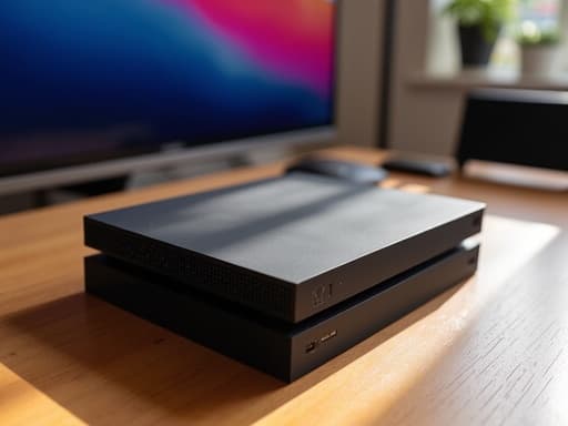 밝은 실내에서 게임 콘솔이 자연 채광과 따뜻한 나무 테이블 위에 놓여 있어 아늑하고 현대적인 분위기를 만들어냅니다.