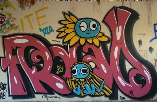 활기찬 스트리트 아트 프린트가 노란색과 파란색 얼굴로 장식된 그래피티 벽을 담고 있습니다. 도시 환경 속에서 벽돌 배경과 대조되는 색상이 돋보이며, 에너지와 창의성을 전달합니다.