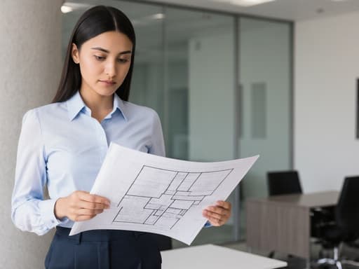 자신감 있는 10대 후반의 라틴계 여성이 세련된 블라우스와 맞춤 팬츠를 입고 건축 도면에 집중하는 모습의 반신 촬영 이미지입니다. 현대적인 사무실 환경에서 평온하고 자신감 있는 표정을 짓고 있습니다.