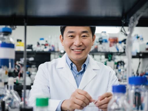 40대 아시아계 남성이 자연스러운 외모로 화이트 코트와 간편한 셔츠를 착용하고, 최첨단 장비로 가득한 연구실에서 실험 도구를 분석하며 연구에 대한 열정을 드러내는 반신 촬영 이미지.
