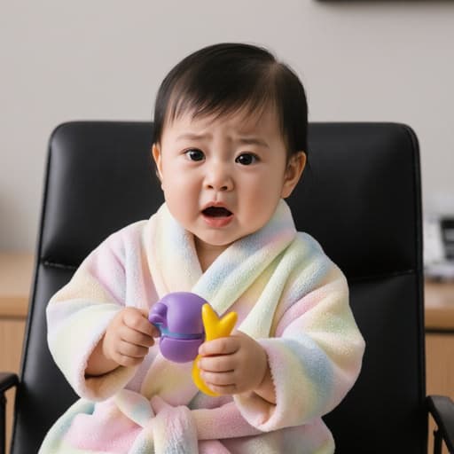 회의실 의자에 앉아 손에 목욕 장난감을 쥐고 약간 무서워하는 표정을 짓고 있는 귀여운 한국 아기 소녀의 반신 사진. 그녀는 부드러운 파스텔 색상의 목욕 가운을 입고 있으며, 장난기 가득한 분위기 속에 있습니다.