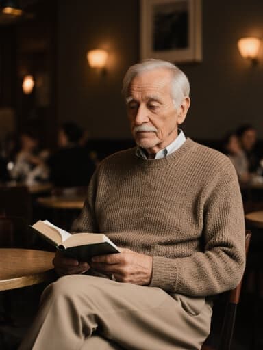 편안한 니트 스웨터와 슬랙스를 입은 80대 혼혈 남성이 아늑한 카페 테이블에서 책을 깊이 읽고 있는 모습의 반신 사진, 평화로운 분위기를 자아냅니다.