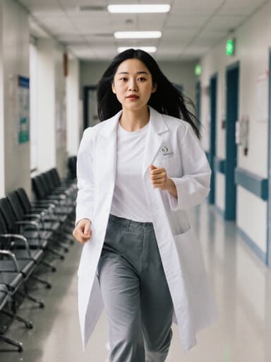 화이트 의사 가운을 입고 자신감 있게 병원 복도를 달려가는 아시아계 10대 초반 여성의 모습이 자연스러운 아름다움과 우아함을 지니고 있습니다. 배경에는 환자 대기실과 진료실이 있어 전문적인 분위기를 연출합니다.