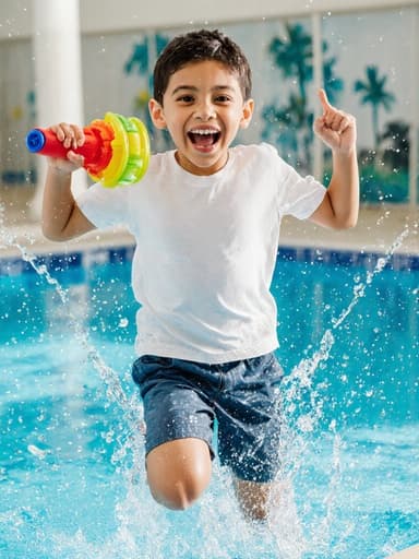 7세 라틴계 남성이 캐주얼한 티셔츠와 반바지를 입고, 물놀이 장난감을 들고 즐겁게 점프하는 전신 사진. 배경은 물이 튀는 실내 수영장으로, 재미있고 신나는 분위기를 전달합니다.