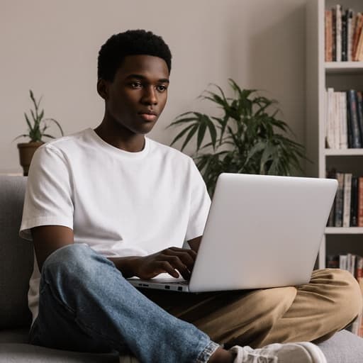 10대 초반의 아프리카계 소년이 편안한 티셔츠와 청바지를 입고 현대적인 스터디룸에 앉아 있으며, 다리를 뻗고 노트북 앞에서 우아한 표정을 짓고 있습니다. 책과 식물로 둘러싸인 아늑하고 초대하는 분위기가 느껴집니다.