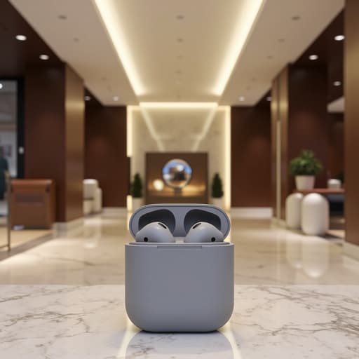 무선 이어폰, 세련된 디자인, 매트 마감, 고급 호텔 로비의 중앙에 배치, 부드러운 자연광, 세련된 대리석 바닥, 따뜻한 나무 장식, 약간의 반사, 세련되고 초대하는 느낌