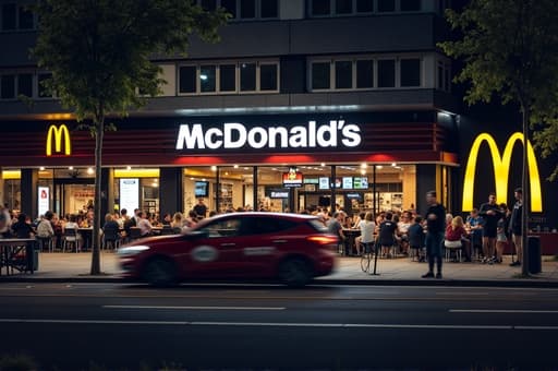 상징적인 금색 아치와 밝은 빨강, 노랑 색상으로 꾸며진 McDonald's 레스토랑의 생동감 넘치는 모습입니다. 야외 좌석 공간에는 가족들이 식사를 즐기고 있으며, 옆에는 드라이브 스루 차선이 보입니다. 레스토랑은 나무와 보행자들로 둘러싸인 활기찬 도시 환경에 위치하며, 맑은 파란 하늘 아래 있습니다.