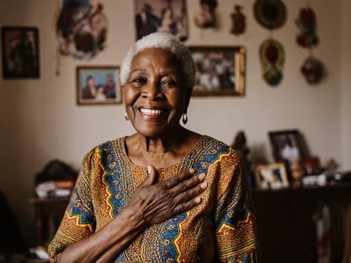 이 이미지는 자연스러운 아름다움을 지닌 70대 아프리카계 여성이 반신 촬영된 모습입니다. 그녀는 화려한 전통 아프리카 드레스를 입고 있으며, 손을 가슴에 올리고 감사의 제스처를 취하며 고마워하는 표정을 짓고 있습니다. 가족 사진과 전통 장식품이 걸려 있는 편안한 거실 배경은 그녀의 기쁜 표정과 어우러져 따뜻한 분위기를 만들어냅니다.