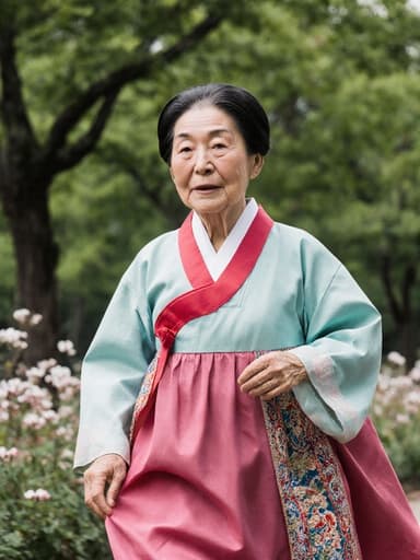 화려한 전통 한복을 입고 한적한 공원에서 달리고 있는 80대 한국인 여성의 전신 사진. 그녀는 한복의 치마를 살짝 잡고 있으며, 외로운 표정을 짓고 있습니다. 푸르른 나무와 꽃들로 둘러싸인 고요한 분위기 속에서 그녀의 움직임이 돋보입니다.