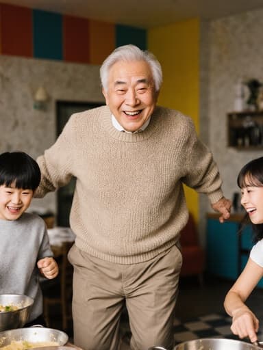 70대의 따뜻하고 친근한 외모를 가진 한국인 남성이 편안한 니트와 바지를 입고 있는 반신 촬영입니다. 그는 얼굴에 편안하고 행복한 표정을 지으며, 가족과 함께 요리를 하면서 즐겁게 점프하고 있습니다. 밝고 아늑한 카페 내부는 가족들이 함께 요리를 즐길 수 있는 초대하는 분위기를 만들어냅니다.