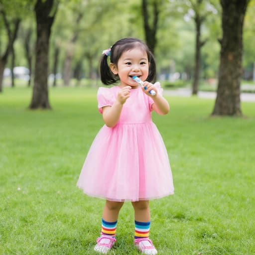 사랑스러운 외모의 3세 한국인 여아가 귀여운 분홍색 원피스와 밝은색 양말을 입고 이 닦는 동작을 자연스럽게 mimicking하며 행복한 표정을 짓고 있는 모습. 푸른 잔디와 나무들이 있는 공원 배경에서 즐거움과 순수함을 발산하고 있습니다.