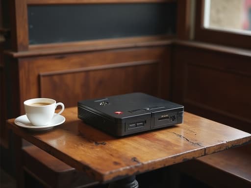 빈티지 카페 테이블 위의 게임 콘솔, 아늑하고 초대하는 분위기