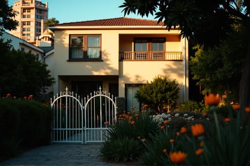 화창한 정원에 둘러싸인 아름다운 장식용 흰색 울타리. 만개한 꽃들과 푸른 잔디가 맑고 푸른 하늘 아래 조화롭고 초대하는 분위기를 자아냅니다.